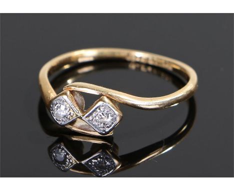 18 carat gold diamond set ring, the head set with two diamonds, ring size O