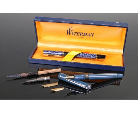 Waterman Fountain pen, in blue marble effect, together with an Osmiroid fountain pen, housed within the Waterman box