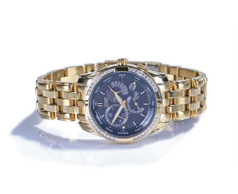 Citizen Eco Drive gentleman's gold plated and diamond set wristwatch, the signed black dial with subsidiary dials and date ap