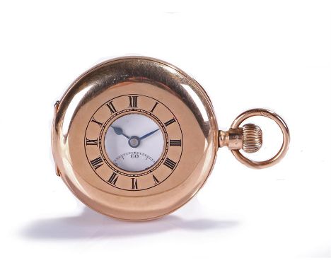 J W Benson 9 carat gold half hunter pocket watch, the outer blue enamel dial enclosing the signed white enamel dial with subs