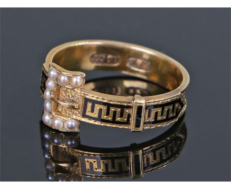 19th Century 15 carat gold pearl and enamel set mourning ring, in the form of a belt with a pearl set clasp, enamel and hair 