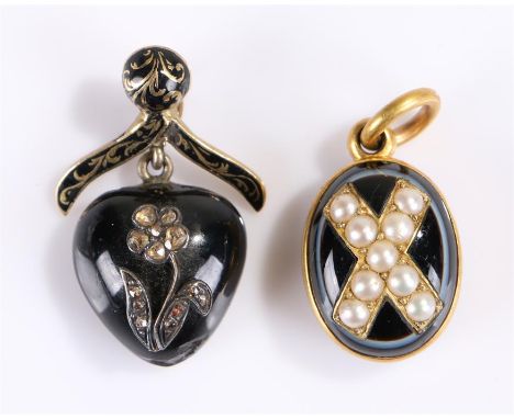 Victorian diamond and enamel mourning pendant, with a flower to the front set with diamonds, together with another Victorian 