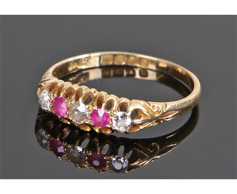 18 carat gold ruby and diamond set ring, the head set with three diamonds and two rubies, ring size R