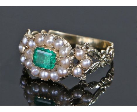 19th Century enamel and pearl set ring, the central emerald with a pearl surround, ring size M