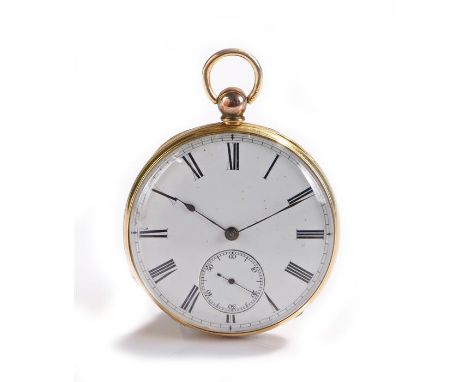 18 carat gold open face pocket watch, the white enamel dial with black Roman hours and subsidiary seconds dial, the internal 