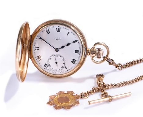 9 carat gold half hunter pocket watch, the signed Limit white enamel dial with Roman hours and subsidiary seconds, crown woun