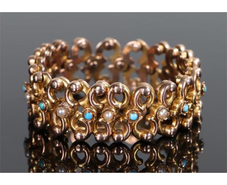 9 carat gold pearl and turquoise set bracelet, the sprung bracelet set with the stones to the cross section, 14.4 grams