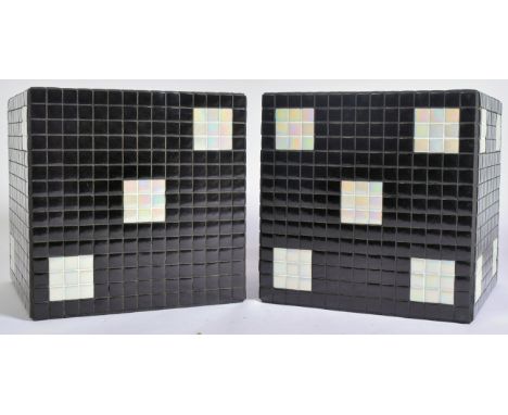 Angus McBob (British)Snake Eyes, 2022Two medium, Iridescent White & Glossy Black 20mm ceramic tilesUnsignedEach 37 x 37 x 37 