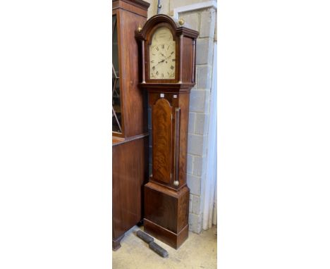 E. Buckwell, Brighton. A late 18th century mahogany eight day longcase clock, with painted arched dial, height 222cm