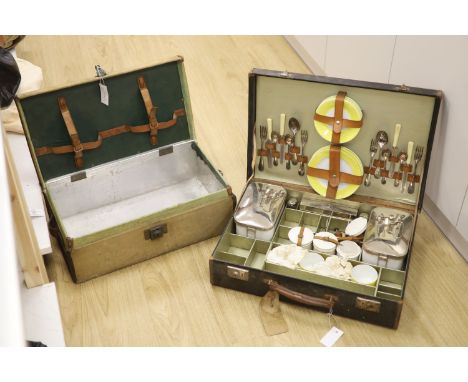 A vintage French picnic set and canvas picnic hamper