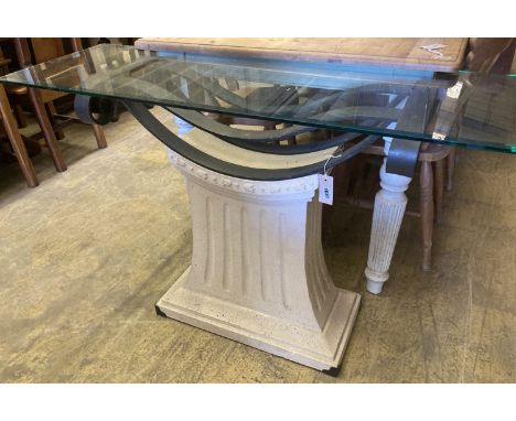 A contemporary composition wrought iron glass top console table, length 120cm, depth 40cm, height 75cm