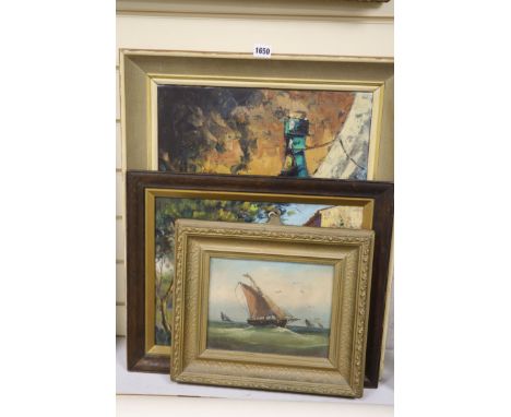 Italian School, oil on canvas, Still life of a Cianti bottle and fruit, 50 x 40cm, an oil landscape and a sketch of fishing b