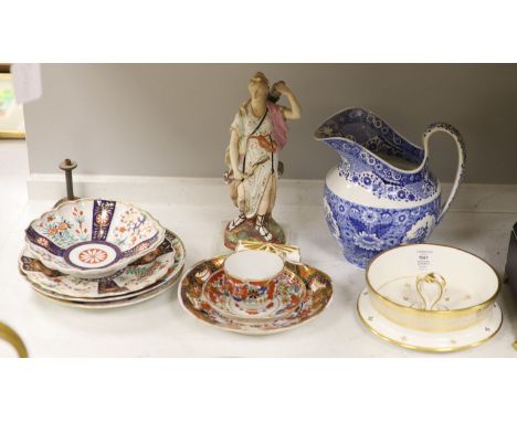 A group of Worcester, Newhall etc Japan pattern dessert wares and tea cup, a pearlware figure of Diana the Huntress and a blu