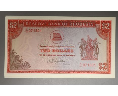 Reserve bank of Rhodesia, ten $2 dollar banknotes, consecutive serial numbers K/116- 24 May 1979 (10) all UNC