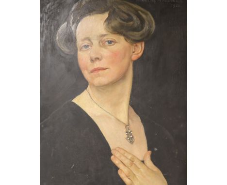 1920's English School, oil on panel, Portrait of Madelaine M. McDonald (1874-1942), dated 1922, 46 x 38cm, unframed