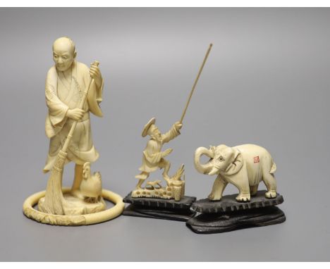 A Japanese carved ivory figure, male with brush, Meiji period, an elephant, a fisherman and a bangle