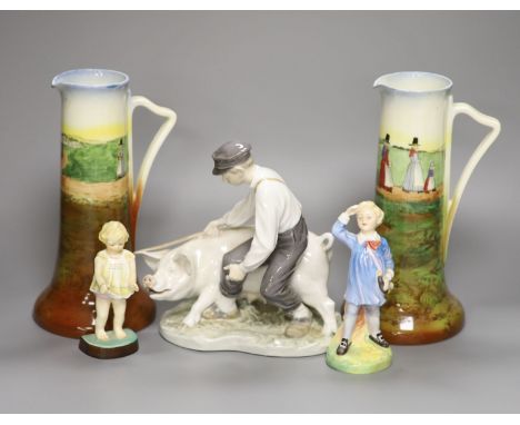 A pair of Royal Doulton Seriesware jugs, a Doulton figure, Little Boy Blue and Worcester figure, Joan and Royal Copenhagen fi