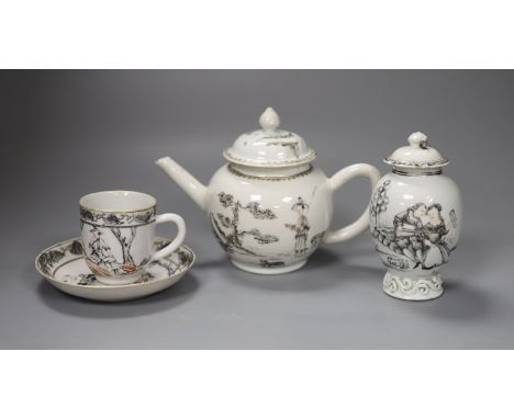 A Chinese grisaille teapot, 14cm high tea caddy and cover and a coffee cup and saucer, Qianlong period