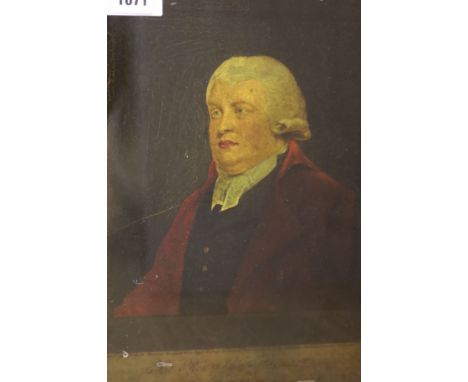 An 18th century reverse print on glass, Portrait of the Reverend John Harmar of Sheffield, 37 x 26cm, unframed (a.f.)