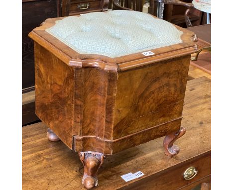 A Victorian mahogany buttoned box topped stool (formerly a commode), width 46cm, depth 40cm, height 43cm