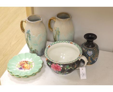 A quantity of mixed ceramics to include three Shelley fruit plates, a Whieldon ware bed pan, a pair of ewers and a vase