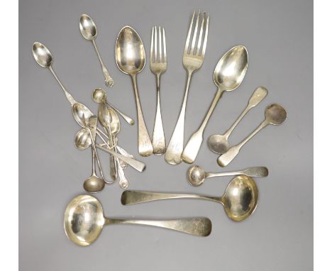 A set of six silver coffee spoons and sundry silver flatware including a George IV sauce ladle, 14.5 oz.