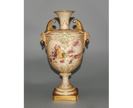 Royal Worcester Blush Ivory Hand Painted and Large Twin Mask Handle Pedestal Vase. The Eagle Mask Handles with Rings to Noses