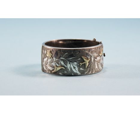 Broad Silver Hinged Bangle, The Front With Engraved And Etched Foliage Decoration With Raised Gilt Bird & Leaf Decoration, Ap