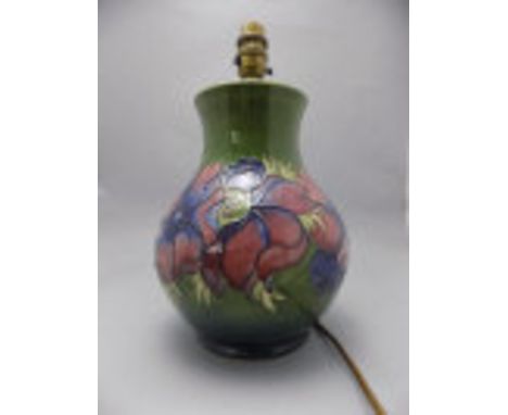 Moorcroft Large Tube Lined Lamp Base ' Clematis ' Design on Green Ground. Stands 12.5 Inches High. Excellent Condition. 