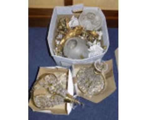 Collection Of Early To Mid 20thC Light Fittings, Brass Framed With A Quantity Of Prisms, Comprising Ceiling Lights, Cherub Wa