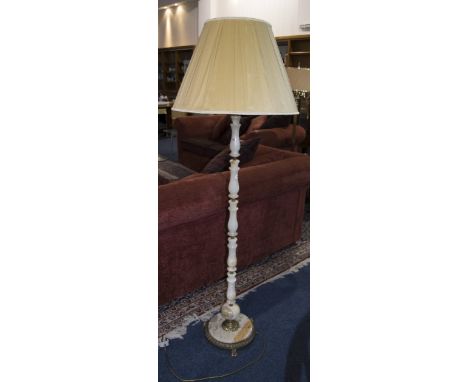Mid 20thC Onyx Standard Lamp, Turned Column, Brass Mounts With Silk Shade, Overall Height 62 Inches
