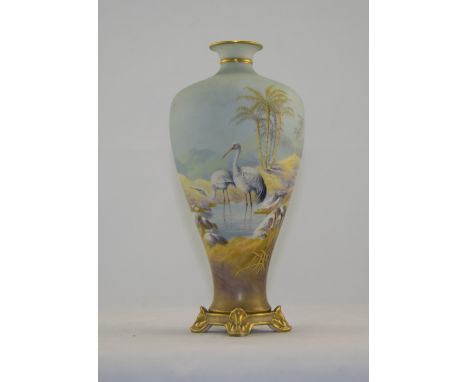 Royal Worcester - Very Fine Hand Painted and Signed Vase ' Storks at a Watering Hole ' In a Desert Setting with Palm Trees. D