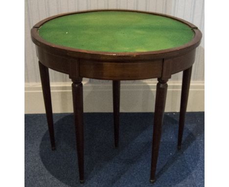 Victorian Rosewood Demi  Lune Card Table The Foldover Top With Later Inlay Work Raised On Turned Tapering Legs, Height 28 Inc