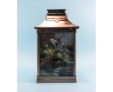 Thomas Kinkade 'Lamplight Village Lantern' with painted glass panels. 12.5 inches in height. As new condition. With box and c