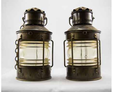 Dutch Pair of Vintage Ankerlight Copper Nautical Anchor Lamps / Lanterns with 360 Degree Fresnel Lens. In Overall Good Condit