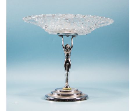 Art Deco Figural Chrome Tazza, Chrome Outstretched Nude Holding Aloft A Shallow Dish, Raised On A A Jade Coloured Counter And