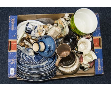 Assorted Glass and Ceramics including Poole Pottery, character jugs, blue and white dinner service etc