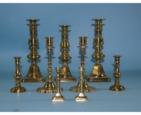 A Collection of Vintage Pairs of Brass Candlesticks ( 4 ) Pairs In Total + 1, Various Sizes. All In Excellent Condition. Tall