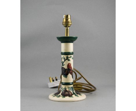 Moorcroft Modern Candlestick Form Lamp Base, Birds and Plum Tree Pattern on Cream Ground. Designer Sally Tuffin. c.1988-1990.