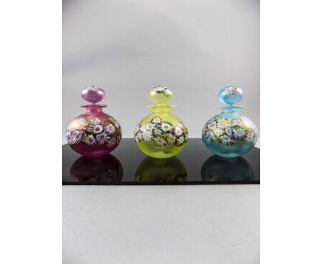 Isle of Wight Vintage Studio Art Glass Perfume Bottles ( 3 ) In Total. All with Original Labels. ' Spring Flowers ' Pattern. 