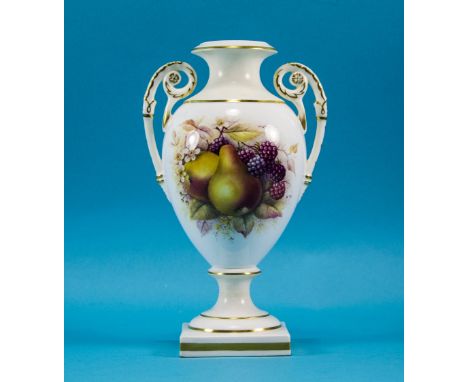 Royal Worcester Hand Painted and Signed Pedestal Vase. Stillife ' Fallen Fruit ' Signed B Cox, on White Ground, Gold Borders.