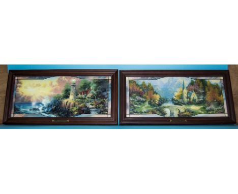 Thomas Kinkade Ltd Edition and Illuminated Pair of Stained Glass Panoramas, Titled ' Mountain Chapel ' and ' Light of Peace '