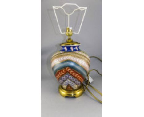 A Modern and Quality Late 20th Century Ceramic Table Lamp with Multi - Coloured Jazz Pattern. Stands of Brass Lacquered Base.