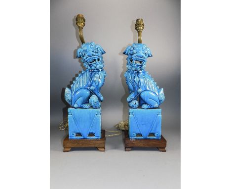 Chinese Fine Pair of Table Lamps, Made In The Form of Turquoise Glazed Foo Dogs ( Temple Lions ) c.1910-1920's. Each Foo Dog 