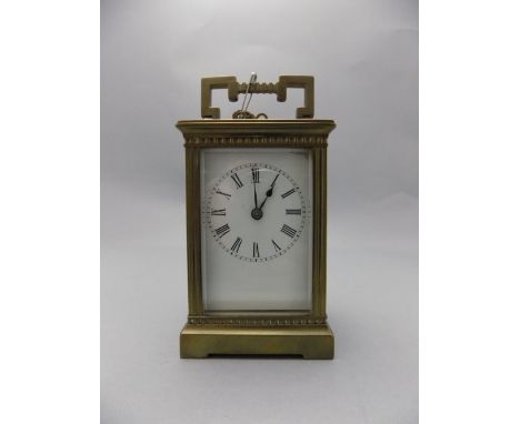 Antique - Heavy English Brass Carriage Clock with Eight Day Movement, Visible Escapement, White Porcelain Dial, Black Numeral