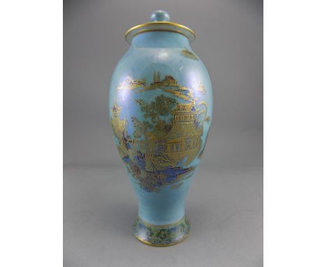 Carlton Ware Early W & R Lustre Ware Vase ' Pagoda ' Gold on Sky Blue Ground. Printed Marks to Underside. 9 Inches High. 