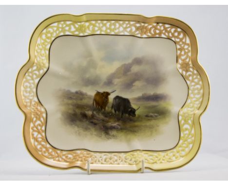 Royal Worcester Hand Painted and Signed Reticulated Cabinet Plate / Dish - Highland Cattle on a Rocky Base. Date 1910. Signed