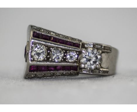 Art Deco 18ct White Gold Bespoke Diamond and Ruby Ring. The Diamonds of Excellent Colour and Clarity. Over 1ct of Diamond. 