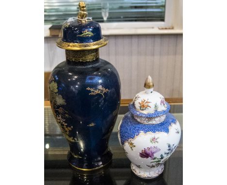 Carlton Ware Vase And Cover, Pagoda Pattern On A Blue Ground, Height 12 Inches Together With A Dresden Ginger Jar