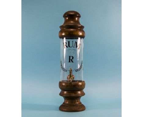 Table Bar Top Rum Dispenser, Turned Wooden Top And Base Between A Glass Funnel With Tap, Marked Rum R.
